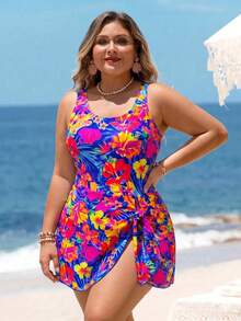 Swim Lushoire Plus Size Women Colorful Leaf Print Halter Swimdress, Beach Holiday Swimwear - Multicolor - View 6