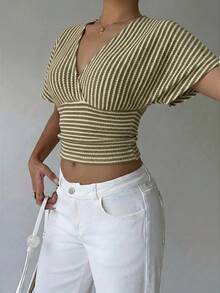 Aloruh Áo thun nữ cổ chữ V kẻ sọc, kiểu dáng thường ngày, đa năng. - xanh quân đội - Xem 5