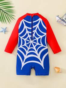 SHEIN Baby Boy Cute Spider Web Pattern Contrast Color Blue Long Sleeve Rash Guard Swimsuit,Suitable For Vacation,Beach,Surfing,Swimwear,Sleeves - Blue - View 2