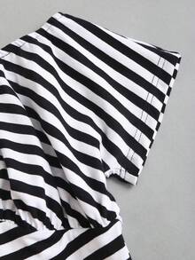 Sweetra Black & White Striped Versatile Off Shoulder Elastic Design Soft & Slimming Women's Summer T-Shirt - Black and White - View 7