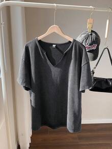 Comfortcana 大码春夏服装，水洗雪花酸洗灰色宽松短袖V领大码T恤，棉质面料，春夏服装 - 灰色 - 查看 3