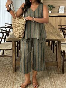 Weeklong Plus Size Women's V-Neck Sleeveless Irregular Hem Top And Straight Leg Pants Striped Print 2-Piece Set, Casual Vacation Wear Spring/Summer - Multicolor - View 4