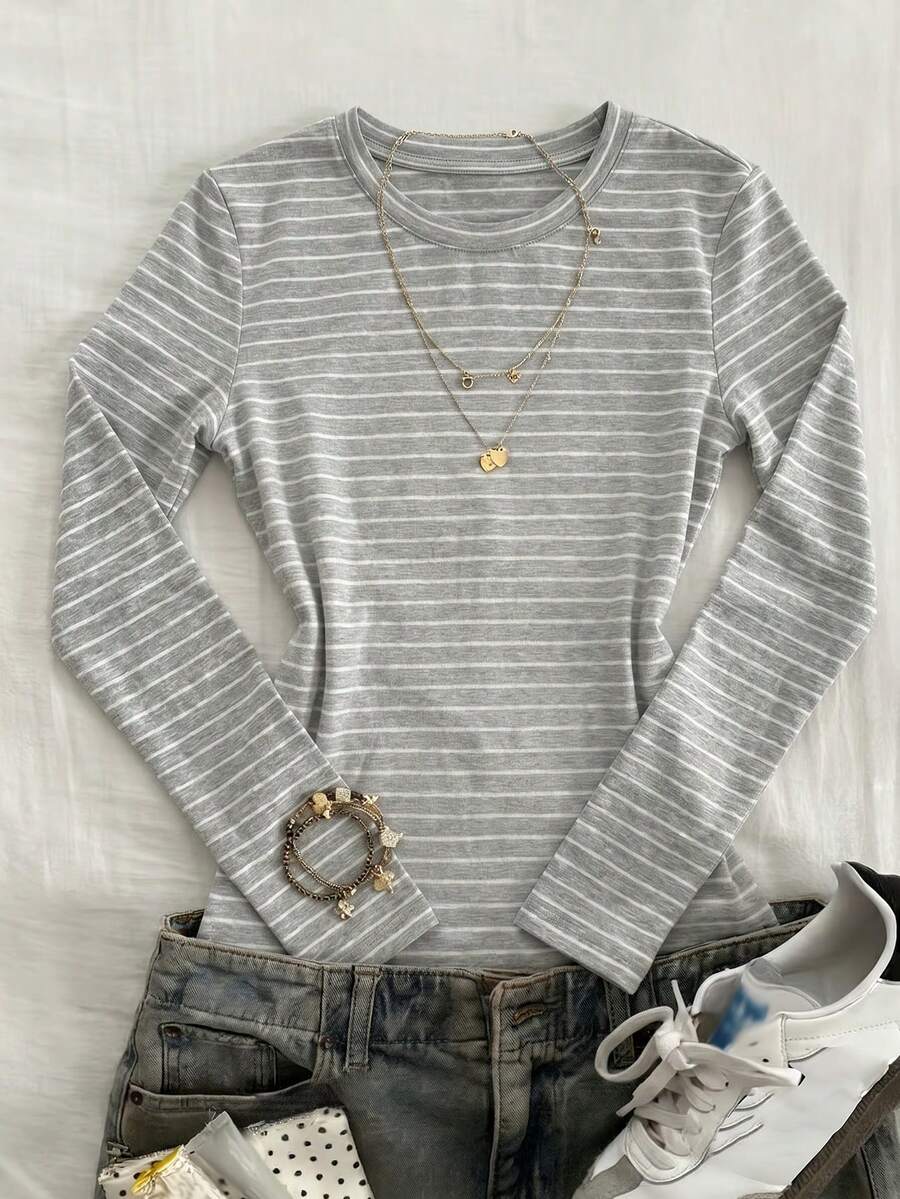 DAZY Solid Color Round Neck Fitted Long Sleeve Wide Stripe Casual Daily Versatile Grey Slim Fit Base Layer Summer Women's T-Shirt - Grey - View 1