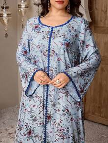 Al Najma Plus Size Women Elegant Floral Print Patchwork Belted Arabic Style Dress - Blue - View 5