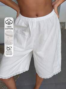Livesso Women's Solid Color Lace Patchwork Elastic Waist Loose Shorts Pajama Bottoms - White - View 1