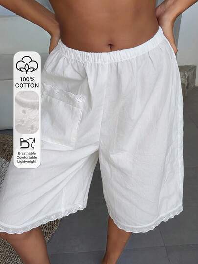 Livesso Quần short ngủ nữ màu trơn phối ren, cạp chun, dáng rộng.