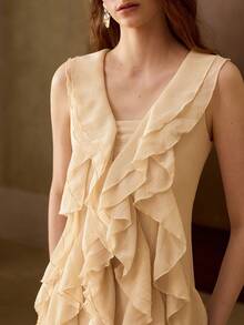 MOTF PREMIUM VESTIDO ELEGANTE DE MUJER CON VOLANTES LARGOS, PRIMAVERA/VERANO - Albaricoque - Ver 2