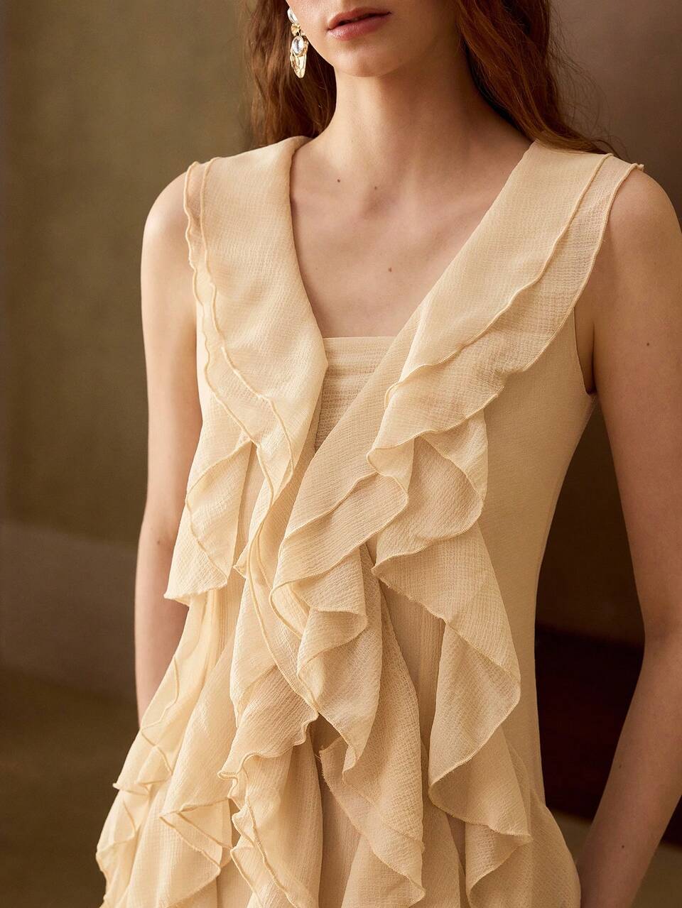 MOTF WOMEN'S ELEGANT ROMANTIC LONG RUFFLE TRIM DRESS, SPRING/SUMMER WEDDING BEIGE VACATION BACHELORETTE PARTY