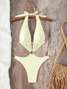 Swim SXY Women's New Solid Color Halter Deep V-Neck Sexy Thong One-Piece Swimsuit - Pale Yellow - View 2