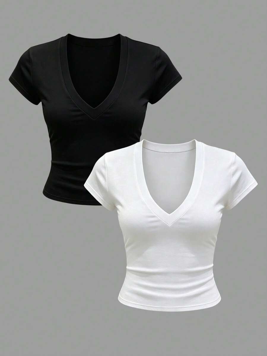 Airaco Women's Solid Color V-Neck Fitted Casual Short Sleeve T-Shirt, Summer - Multicolor - View 1