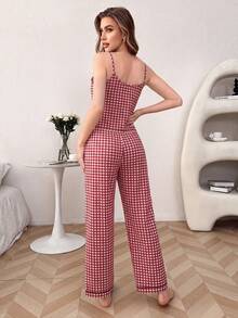 SHEIN Women V-Neck Plaid Camisole And Pants Pajama Set - Red - View 2