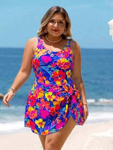 Swim Lushoire Plus Size Women Colorful Leaf Print Halter Swimdress, Beach Holiday Swimwear - Multicolor - View 3