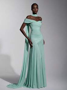 Elitara Elegant Minimalist Asymmetric Shoulder Ruched Split A-Line High Slit Dress,Suitable For Weddings,Formal Events,Galas,Evening Parties - Mint Blue - View 7
