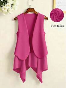SHEIN LUNE CURVE Plus Size Solid Color Asymmetric Hem Sleeveless Blazer - Hot Pink - View 1