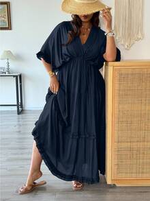 Vionelle Plus Size Solid Color Romantic Ruffle Trim Regular Dress, Spring/Summer Vacation Navy Blue - Navy Blue - View 4
