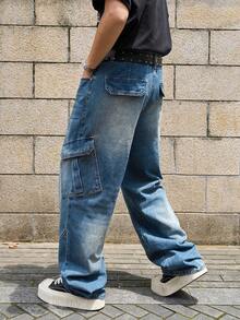 Manfinity EMRG Quần jean cargo denim wash dáng thường ngày dành cho nam - Màu xanh lam - Xem 2