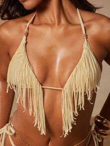 Hauture Top de bikini triangular con detalles de flecos - Blanco - Ver 2