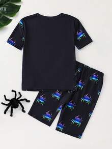 SHEIN 2pcs Kids Tween Boy Snug Fit Fluorescent Spider Print Crew Neck Short Sleeve Shorts Soft Sleepwear Set, Suitable For Spring And Summer Home Wear - Multicolor - View 4
