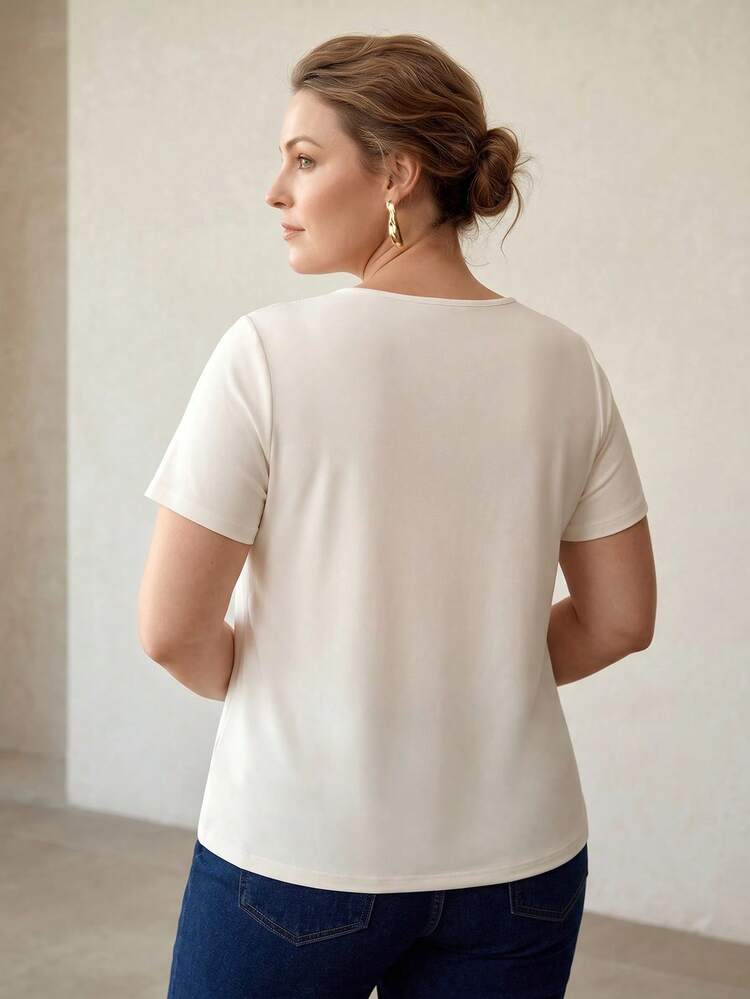 PLUS SIZE WOMEN SUMMER CASUAL HOLLOW CONTRAST LACE V-NECK SHORT SLEEVE T-SHIRT