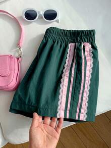 Comfortcana Women's Elastic Waist Contrast Color Lace Loose Casual Shorts, Suitable For Summer - Dark Green - View 4
