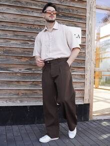 LEOGASHI LEOGASHI 男士梭织休闲纯色松紧腰直筒长裤，宽松舒适，日常穿着 - 棕色 - 查看 4