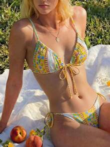 Swim Mod Conjunto De Bikini Con Lazo Lateral De Canalé Floral Y Florecitas De Summer Beach - Multicolor - Ver 2