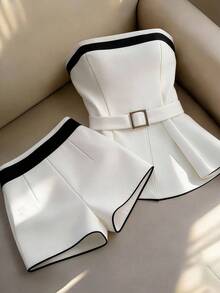 Franclia Plus Size Women's White Contrast Color Top With Metal Buckle Belt,Elegant Summer 2-Piece Shorts Set,Dinner Party Party Commuter Vacation Outfit - White - View 8