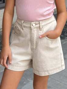 Dazy Kids Celana Pendek Denim Model Lurus Kasual untuk Anak Perempuan Ukuran Besar, Cocok untuk Musim Panas - Khaki - View 6