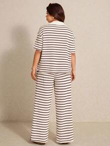 Elaquor Bộ đồ 2 món cho nữ, áo thun dài tay cổ chữ V dáng rộng, tay trễ vai, kẻ sọc và quần dài cạp chun kẻ sọc, bộ đồ len mùa đông. - Màu Đỏ Sâu - Xem 2