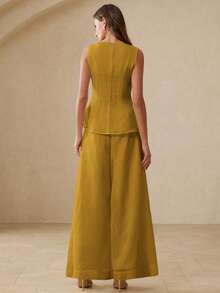 BELROSIE Casual Versatile Fashion Commute Vacation Relaxed Vintage Linen Texture Sleeveless Pleated Hem Top Paired With Loose Wide Leg Pants 2 Pieces Set - Yellow - View 6