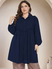 Graceveil Plus Size Casual Solid Color Long Sleeve Loose Regular Shirt, Spring/Autumn Fall - Navy Blue - View 4
