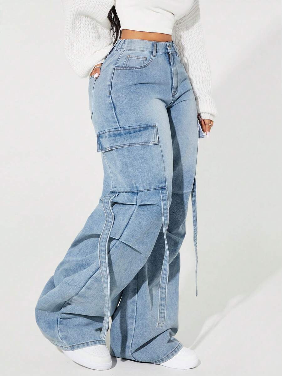 SHEIN Tall 女士休闲时尚街头日常通勤翻盖口袋阔腿牛仔裤 - 藍色 - 查看 1
