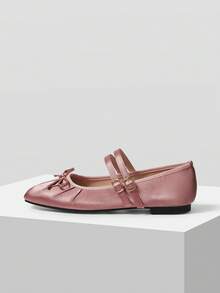 MOTF WOMEN'S ELEGANT MINIMALIST COMMUTING SOLID COLOR BOW DECOR DOUBLE BUCKLE STRAPS BALLET FLATS SHOES FOR CHRISTMAS VALENTINE'S DAY SPRING SHOES - Light powder - View 3