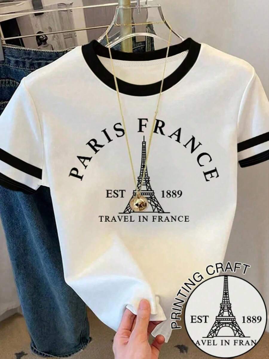 女童休闲舒适时尚简约埃菲尔铁塔及“PARIS”字母印花T恤,条纹撞色休闲短袖T恤,适合春、夏、秋季穿着 - 彩色 - 查看 1