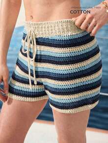 Zovinel Quần short nữ mùa hè cơ bản, thời trang tối giản, kẻ sọc, móc len, buộc dây. - Nhiều màu - Xem 2