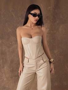 SHEIN PETITE 女款棕色時尚派對 PU 抹胸短版上衣，皮革束腰，適合夜店、夏季、萬聖節、聖誕節、新年，小碼女性 - 杏色 - 查看 11