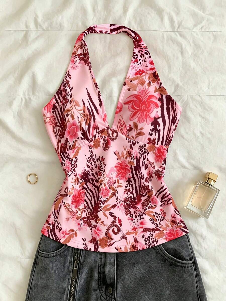 IslaSuriya 豹纹印花,女装,女式上衣,休闲背心,当下流行,时尚上衣,Y2K风格上衣,Y2K风格服装,碎花图案,性感,修身上衣,粉色上衣 - 彩色 - 查看 1
