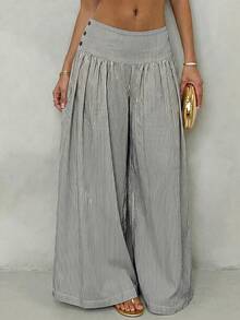 SHEIN Glamour Quần ống rộng cạp thấp xếp ly bằng vải dệt sọc vàng dành cho nữ, quần đi nghỉ dưỡng dành cho nữ, quần dài sọc vàng dành cho nữ. - Đen và trắng - Xem 5