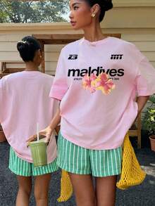 Muchica Áo thun cotton màu hồng dáng rộng cổ tròn, phong cách tối giản thường ngày, kiểu dáng thể thao, in chữ hoa nhiệt đới, tay ngắn, dáng rộng cho nữ, đa năng cho mùa xuân/hè. - Màu Hồng baby - Xem 1