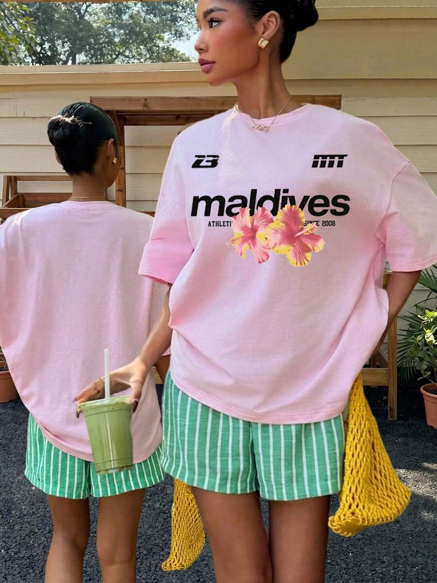 Muchica Áo thun cotton màu hồng dáng rộng cổ tròn, phong cách tối giản thường ngày, kiểu dáng thể thao, in chữ hoa nhiệt đới, tay ngắn, dáng rộng cho nữ, đa năng cho mùa xuân/hè. - Màu Hồng baby - Xem 1