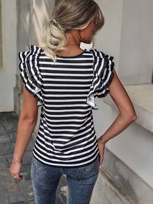 SHEIN LUNE Camiseta de rayas de manga mariposa - Blanco y Negro - Ver 2