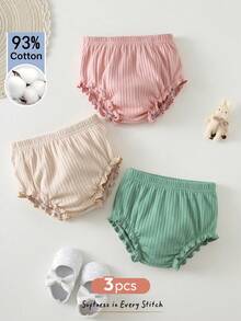 Cozy Pixies 3pcs Baby Girl Solid Color Comfortable Elastic Waist Triangle Shorts Set, Summer Shorts & Crawler Pants - Mint Green - View 3