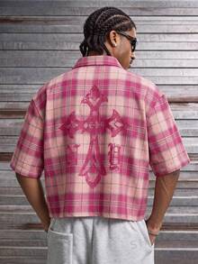 AXEPEAK Men's Cross-Patterned Plaid Short-Sleeved Casual Shirt - Pink - View 5