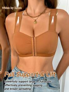 SHEIN Women's Minimalist Solid Color Ruched Front Closure Wide Strap Bra - Brown - View 4