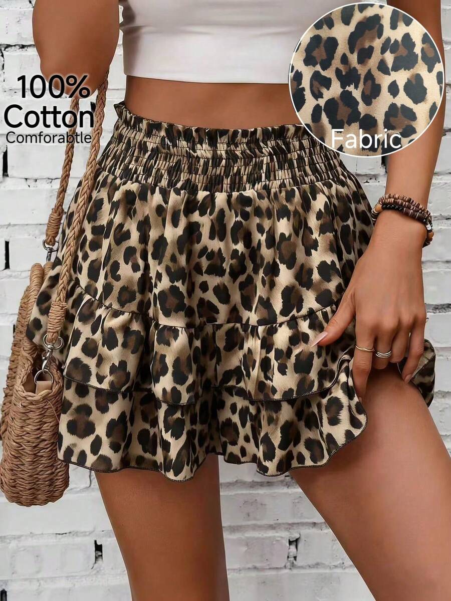 Breezaya Retro American Style Cotton Leopard Print Cake Skirt, High Waist Ruffled Hem Slimming Vacation Shorts For Women - Multicolor - View 1