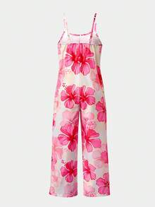 Plusstorlekar för flickor, casual, bohemisk, semesterstil, spaghettiband, blommigt tryck, lös jumpsuit - Multifärgad - Visa 2