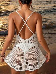 SHEIN Swim Summer Beach Hollow Out Cover Up Dress Without Bikini Set - White - View 2