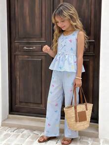 Souflis Souflis 2pcs/Set Pakaian Anak Perempuan Bergaris Biru & Putih, Atasan Tanpa Lengan dengan Hem Berkerut & Celana Panjang Lebar, Motif Pita Warna-warni, Cocok untuk Liburan Keluarga dan Piknik di Musim Panas - Biru - View 8
