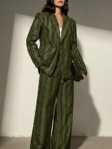 Aveloria Modichic Textured Frayed Edge Vertical Striped Tassel Design Sense Blazer Jacket Paired With Wide Leg Pants Women Suit Set - Olive Green - View 3