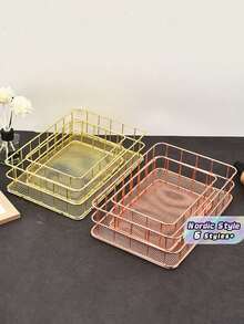 1PC Large Capacity Wrought Iron Metal Mesh Design Easy Viewing Modern Nordic Style Storage Basket Organizer For Office Supplies Cosmetics Vanity Desktop Shelving Home Decor Sturdy Space Saving Black White Gold - Gold - View 1